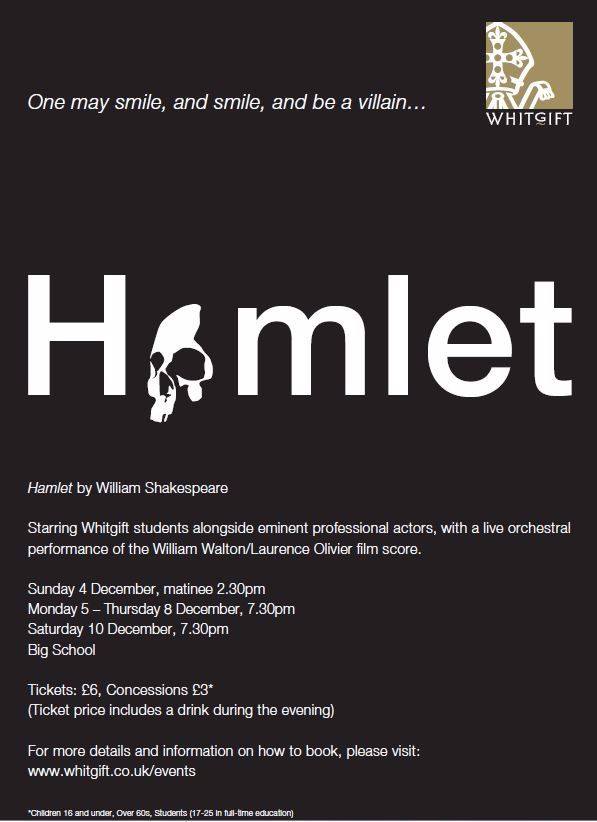 Marcus Gilbert in Hamlet at Whitgift School Dec 2017